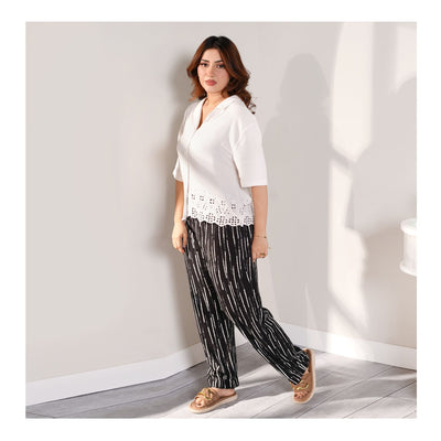Basix Women's Twin Pocket Black & White Abstract Stripes Trouser, LT-611