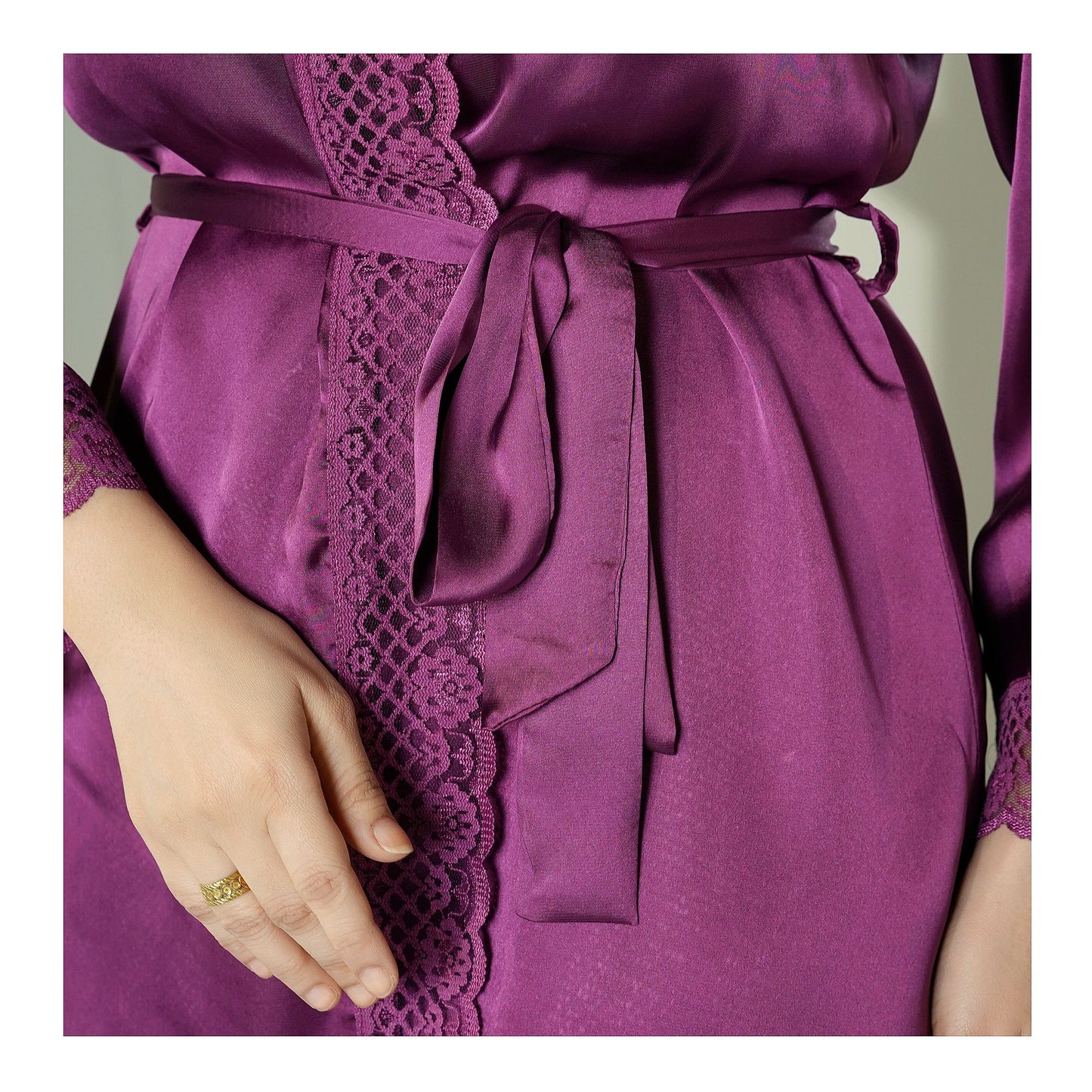 Basix Deep Lilac Silk Gown With Matching Lace & Belt, SG-107