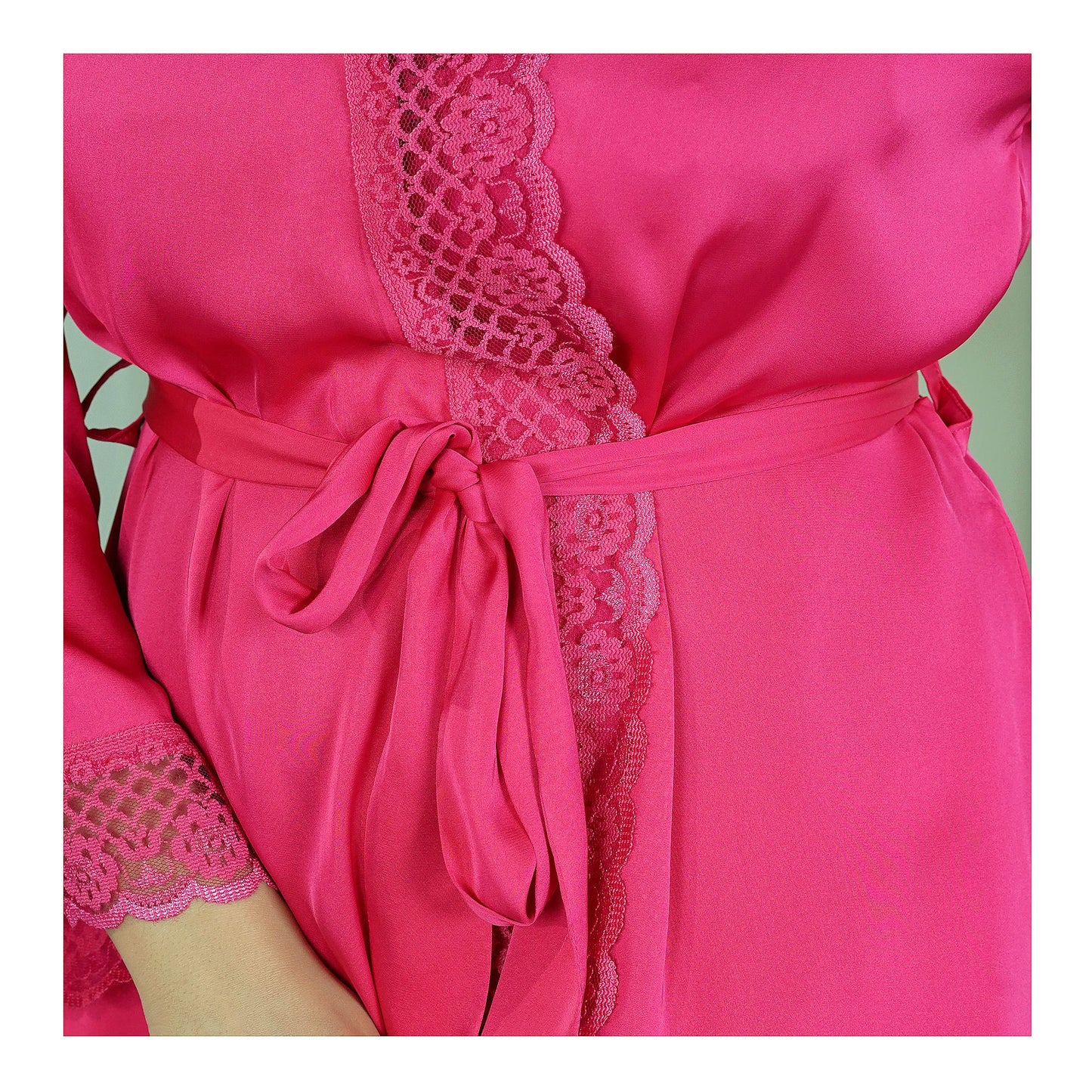 Basix Hot Pink Silk Gown With Matching Lace & Belt, SG-108