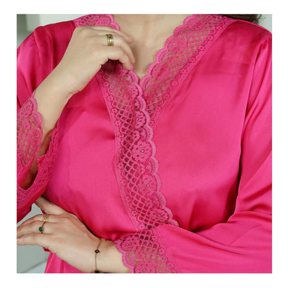 Basix Hot Pink Silk Gown With Matching Lace & Belt, SG-108