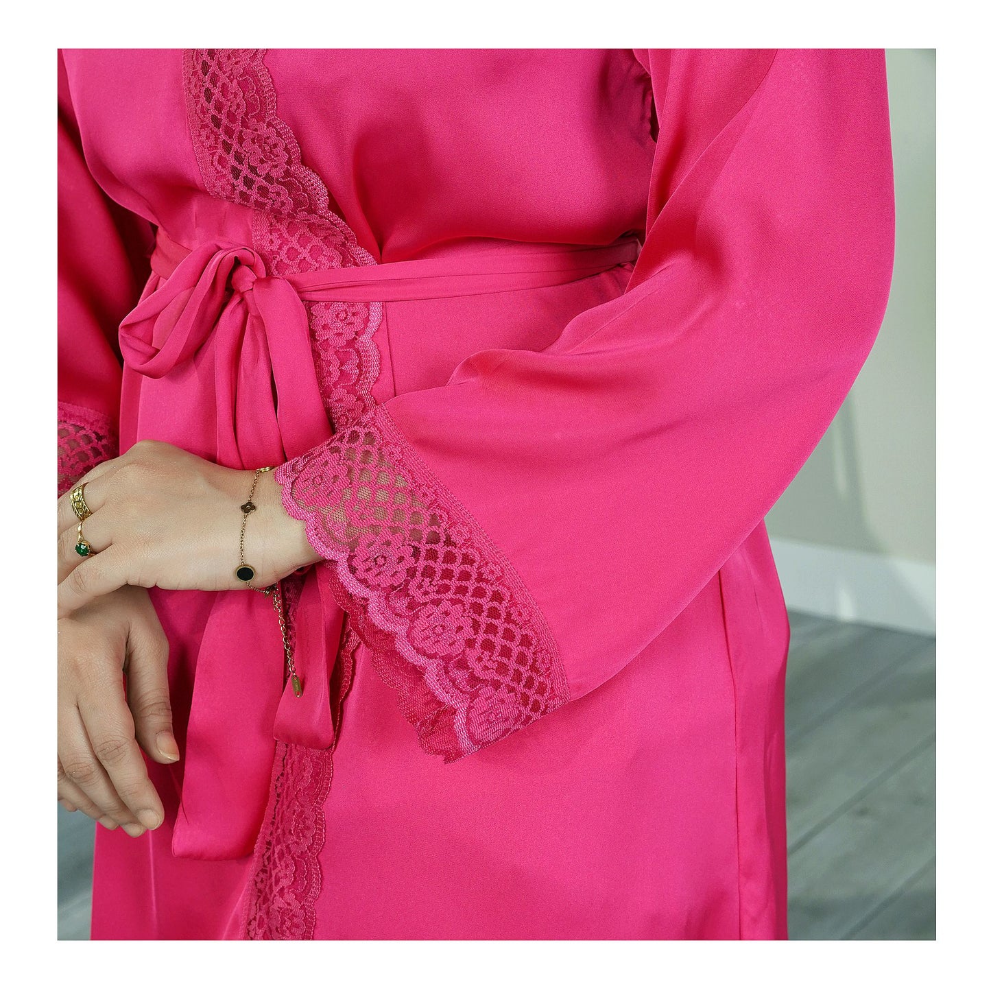 Basix Hot Pink Silk Gown With Matching Lace & Belt, SG-108