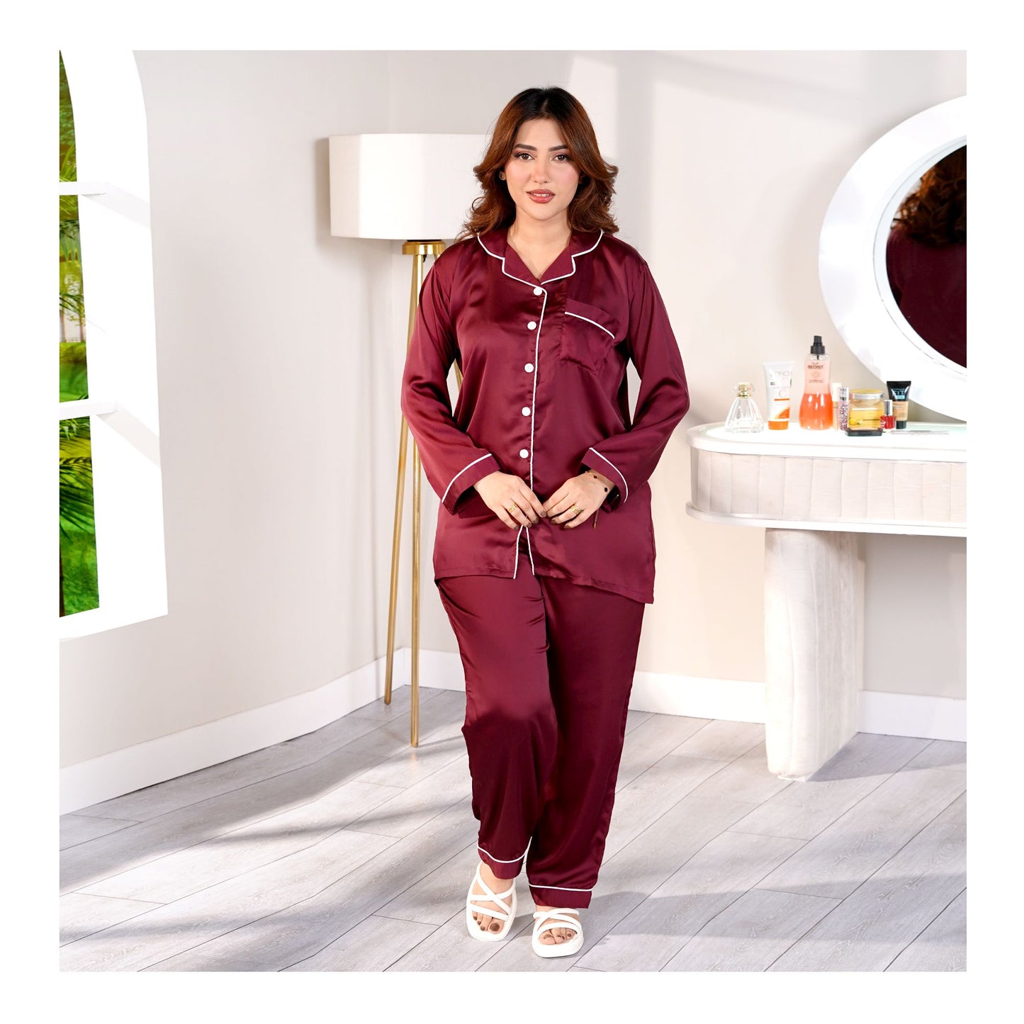 Basix Women's Silk Loungewear, 2-Piece, Burgandy, SW-116