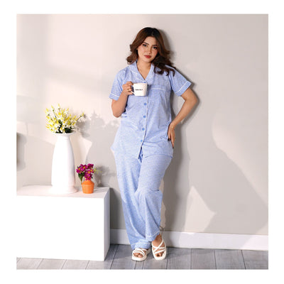 Basix Women's Sky Blue & White Short Sleeves Loungewear Dress  2 Piece Set  LW-655