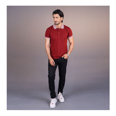 Basix Men���s Textured Jacquard Collar Embroidered Logo Maroon Polo Shirt, MPS -105
