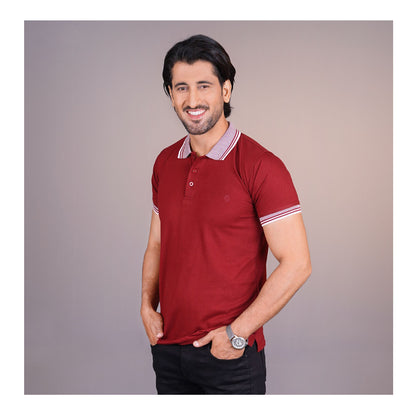 Basix Men���s Textured Jacquard Collar Embroidered Logo Maroon Polo Shirt, MPS -105