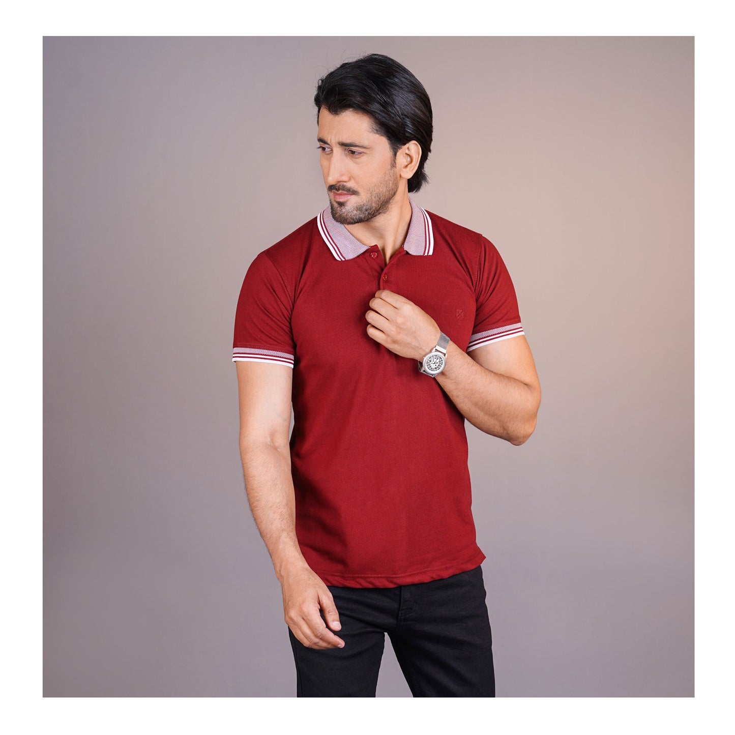 Basix Men���s Textured Jacquard Collar Embroidered Logo Maroon Polo Shirt, MPS -105