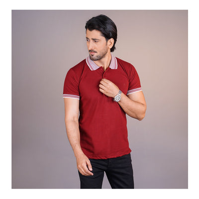 Basix Men���s Textured Jacquard Collar Embroidered Logo Maroon Polo Shirt, MPS -105