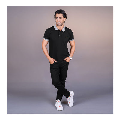Basix Men's Black Jacquard Textured Collar Polo With Embroidered Logo, MPS-101
