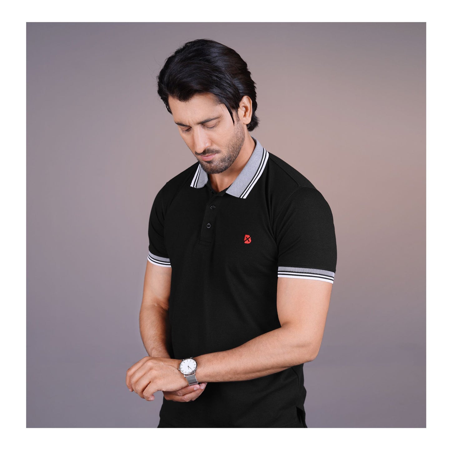 Basix Men's Black Jacquard Textured Collar Polo With Embroidered Logo, MPS-101