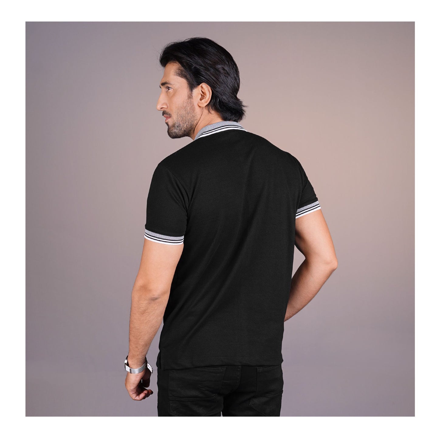 Basix Men's Black Jacquard Textured Collar Polo With Embroidered Logo, MPS-101