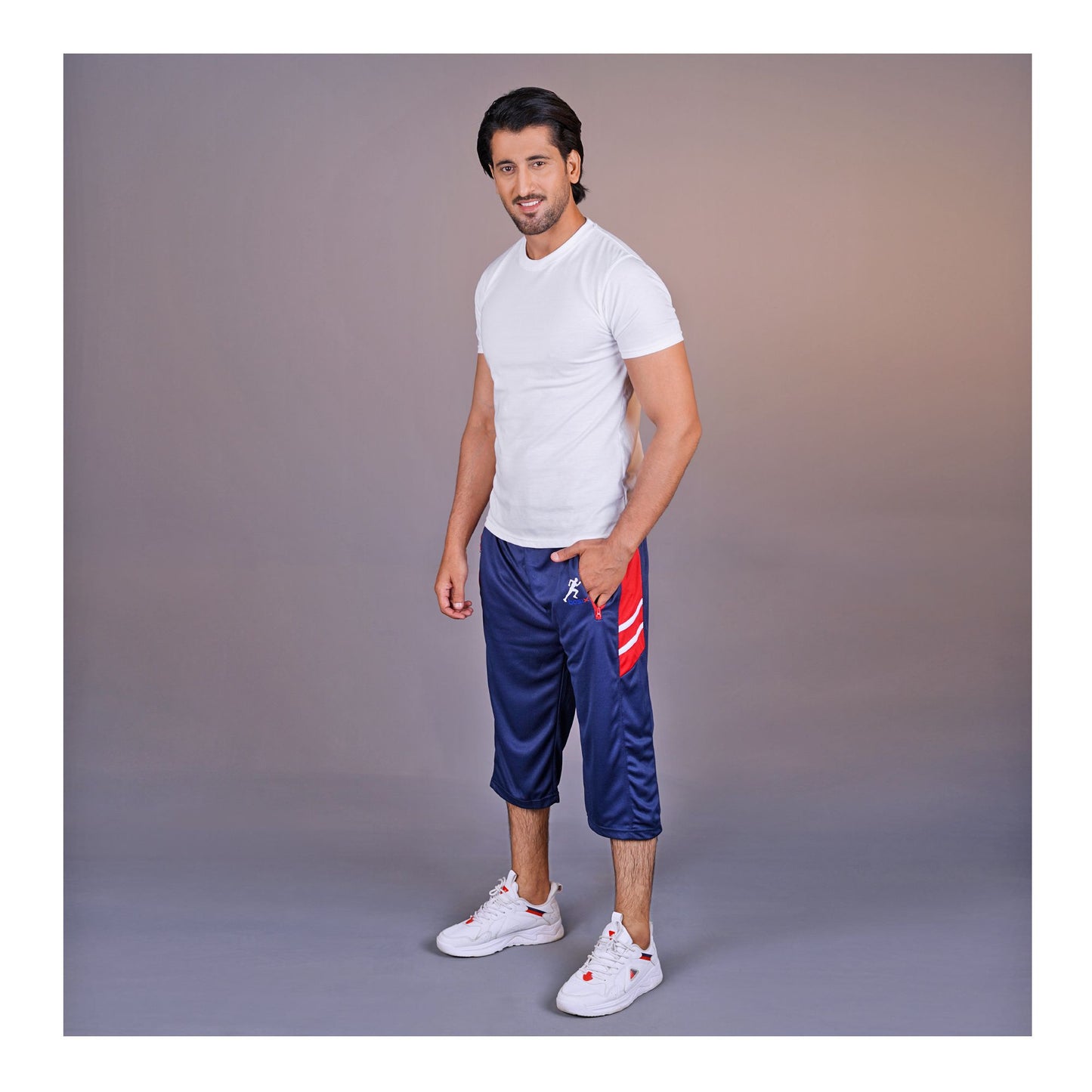 Basix Men's Moisture Wicking Zipper Pockets Mesh 3 Quarter Shorts, Navy & Red, M3Q-1008
