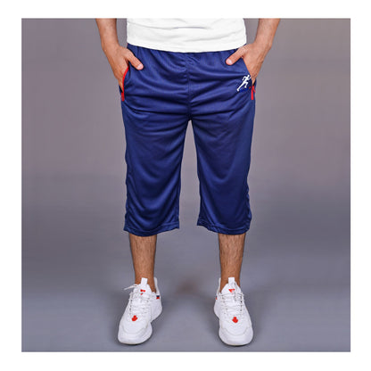 Basix Men's Moisture Wicking Zipper Pockets Mesh 3 Quarter Shorts, Navy & Red, M3Q-1008