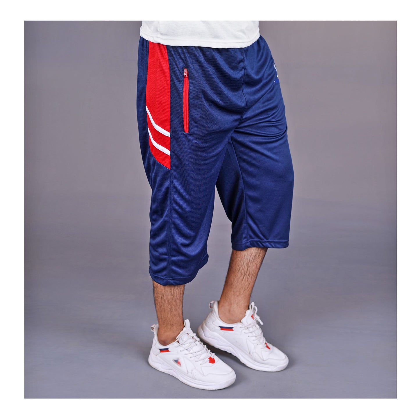 Basix Men's Moisture Wicking Zipper Pockets Mesh 3 Quarter Shorts, Navy & Red, M3Q-1008