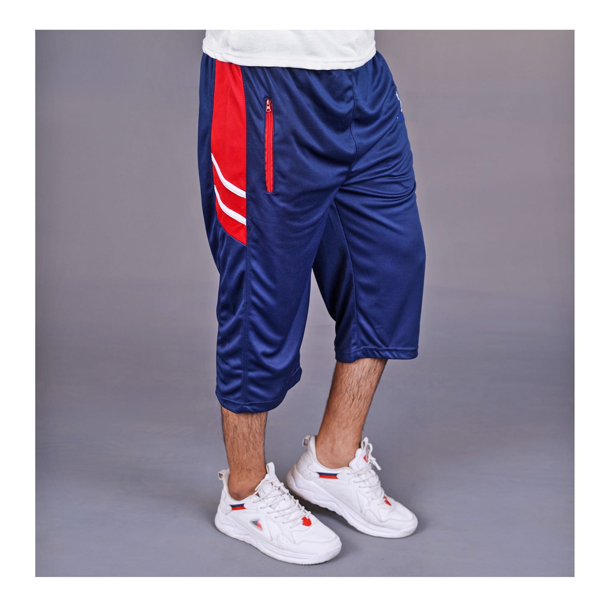 Basix Men's Moisture Wicking Zipper Pockets Mesh 3 Quarter Shorts, Navy & Red, M3Q-1008
