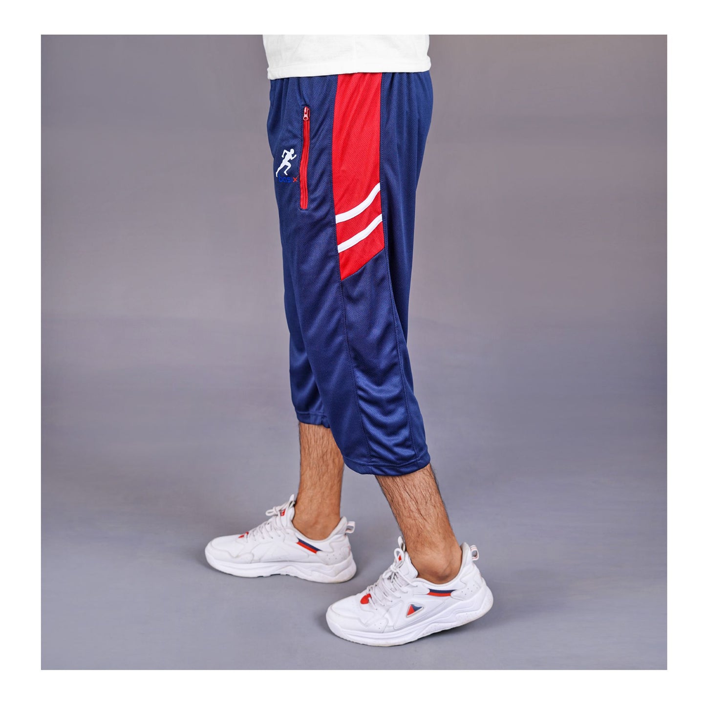 Basix Men's Moisture Wicking Zipper Pockets Mesh 3 Quarter Shorts, Navy & Red, M3Q-1008