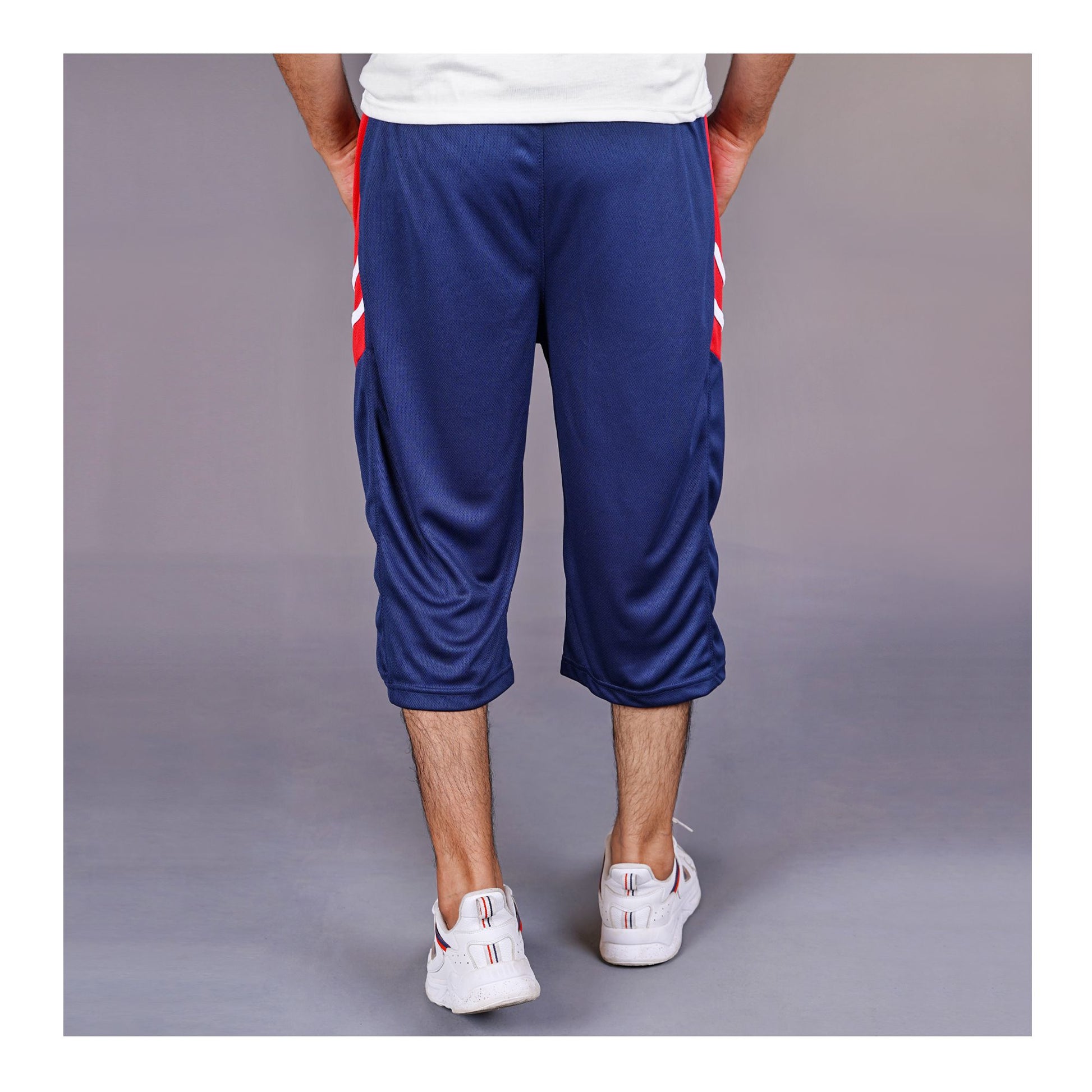 Basix Men's Moisture Wicking Zipper Pockets Mesh 3 Quarter Shorts, Navy & Red, M3Q-1008