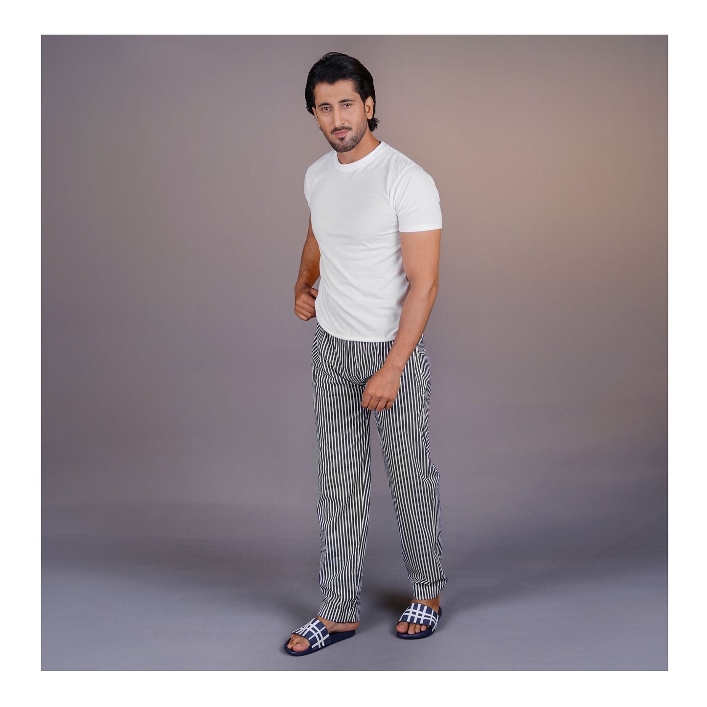 Basix Men's Power Stretch Cotton Charcoal & White Stripes  Trouser  MT-929