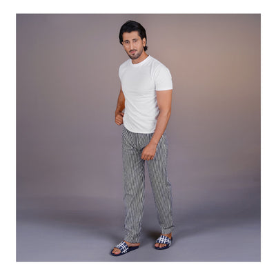 Basix Men's Power Stretch Cotton Charcoal & White Stripes  Trouser  MT-929