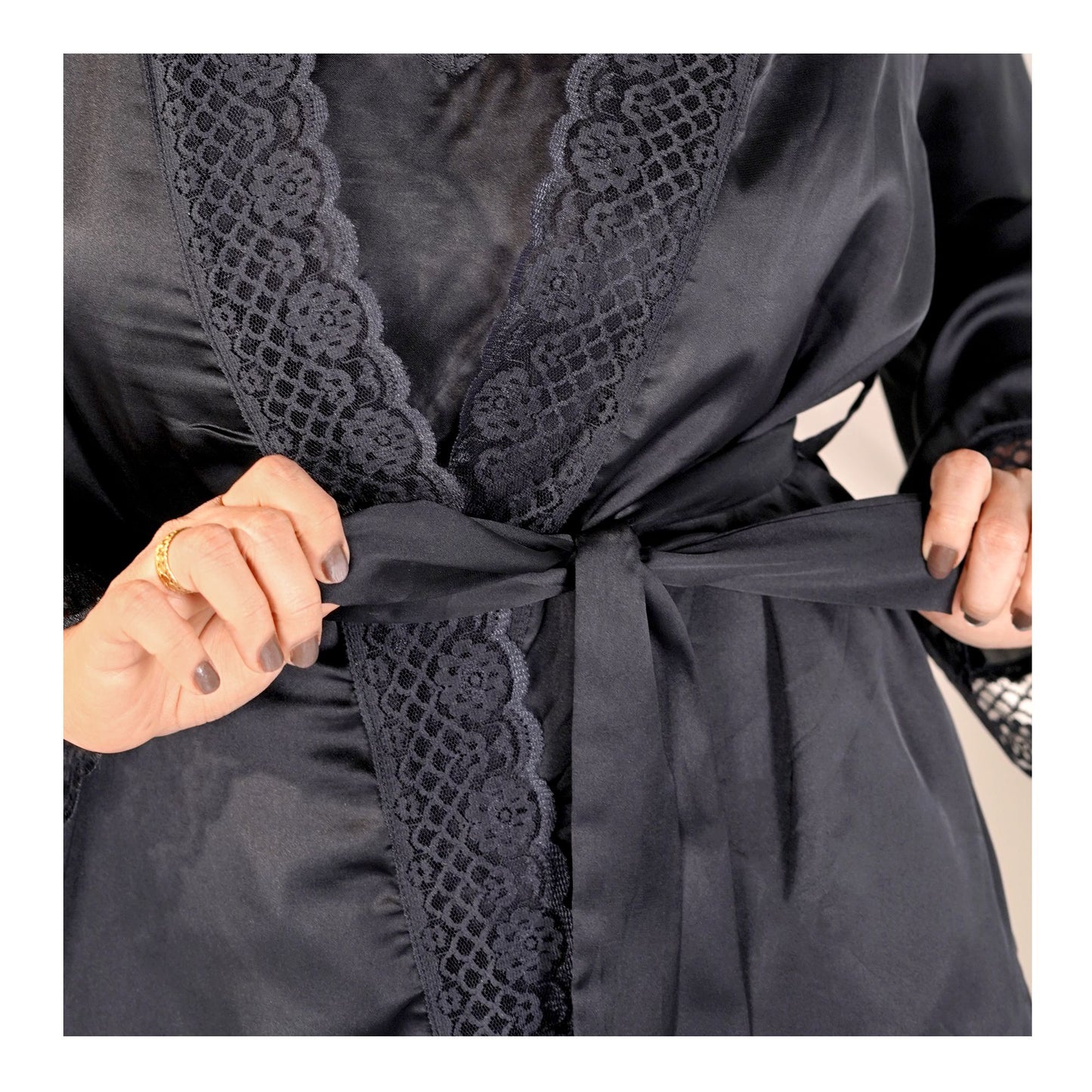 Basix Black Silk Gown With Matching Lace & Belt, SG-106