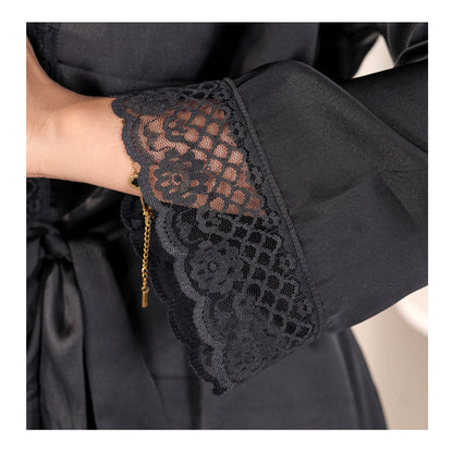 Basix Black Silk Gown With Matching Lace & Belt, SG-106
