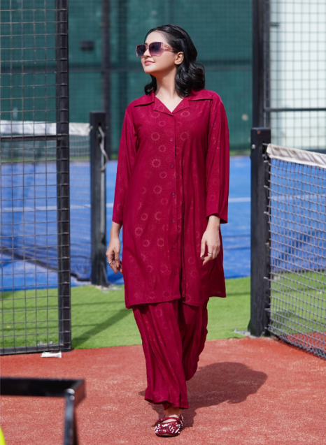 Basix Women's Stretch Fabric Self Print Co-Ord Set, Maroon, CORD-124