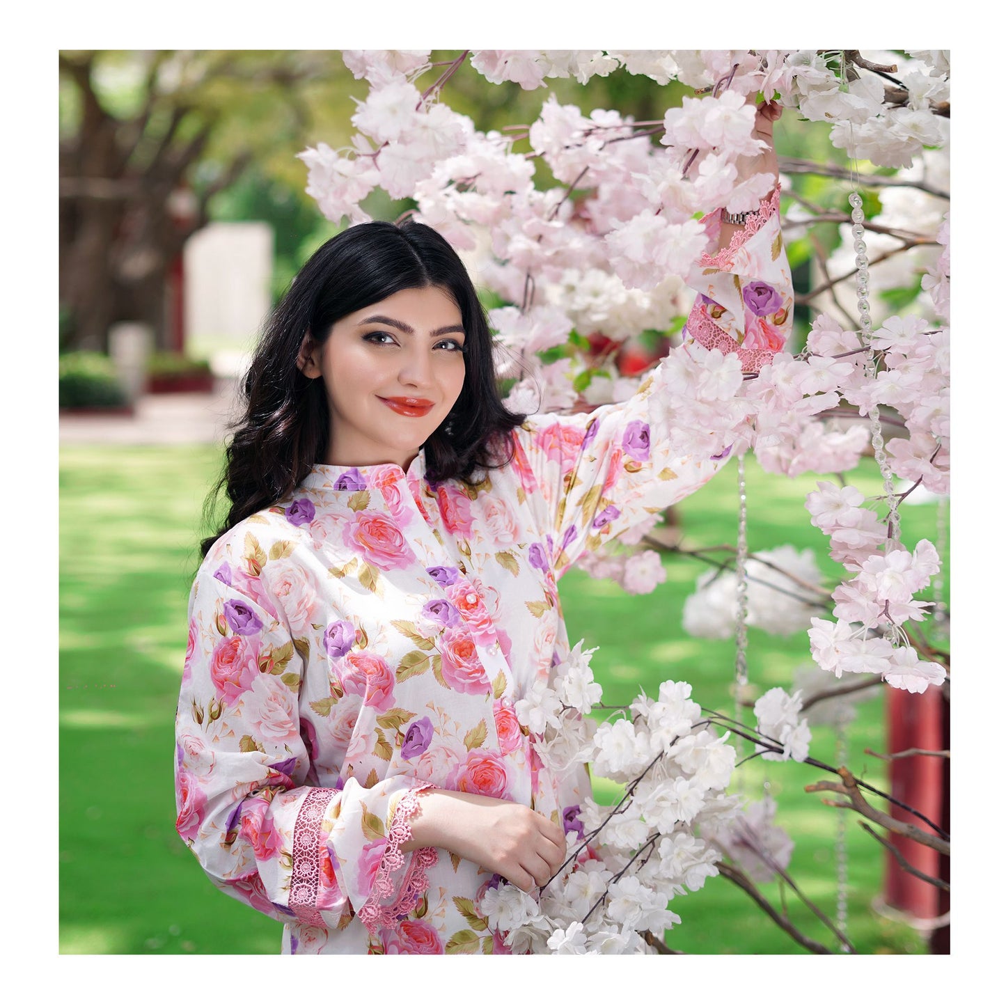 Basix Lawn Pink n Purple Flora Fancy Net Laces Shirt, LS-505