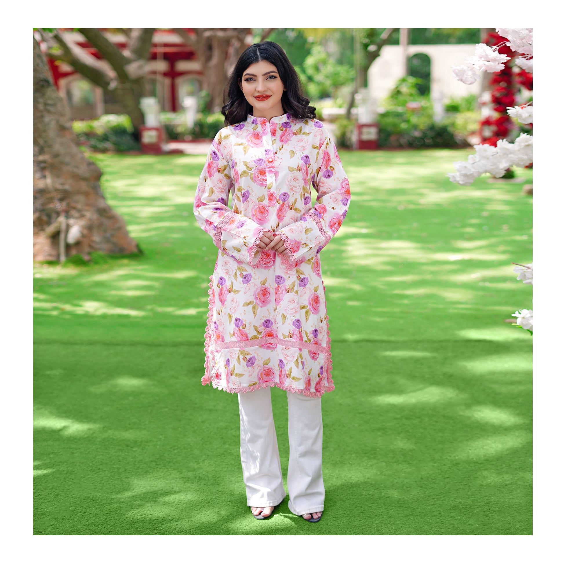 Basix Lawn Pink n Purple Flora Fancy Net Laces Shirt, LS-505