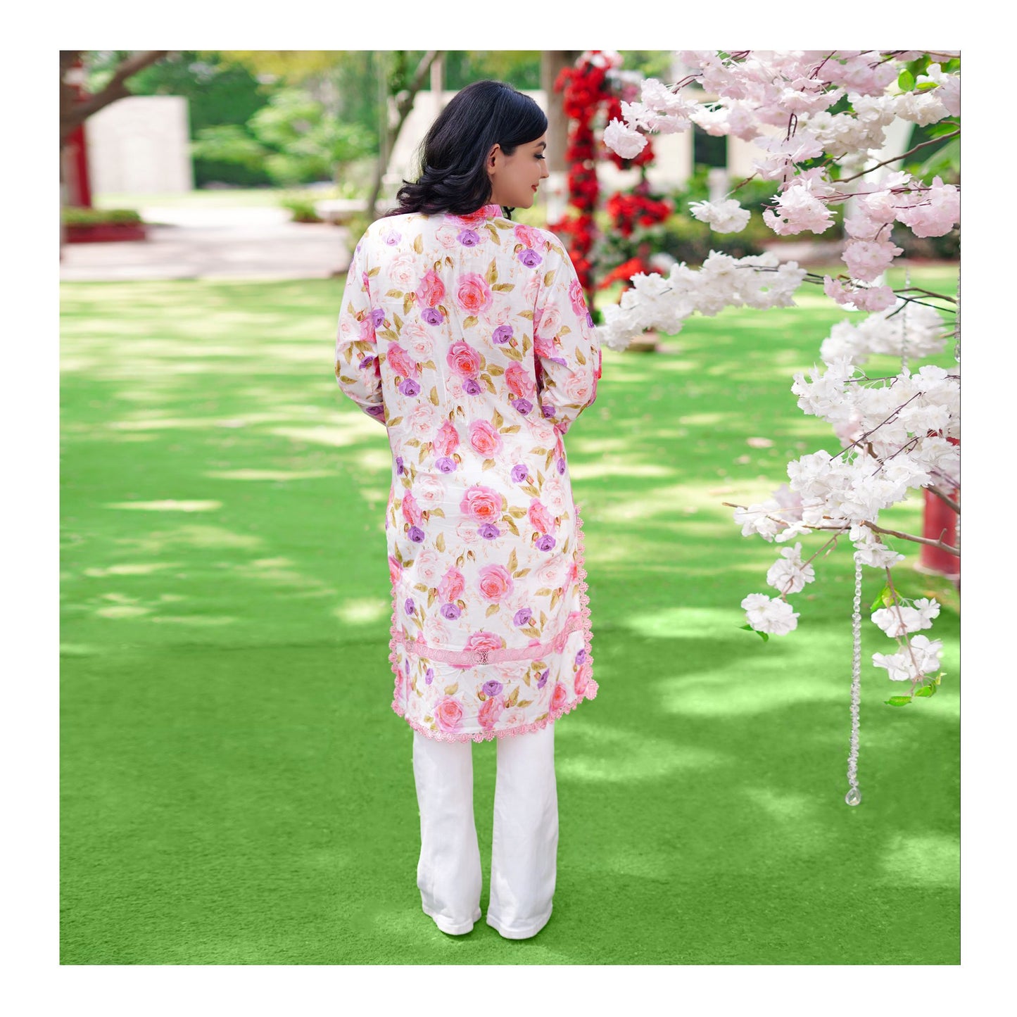 Basix Lawn Pink n Purple Flora Fancy Net Laces Shirt, LS-505
