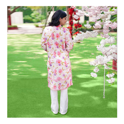 Basix Lawn Pink n Purple Flora Fancy Net Laces Shirt, LS-505