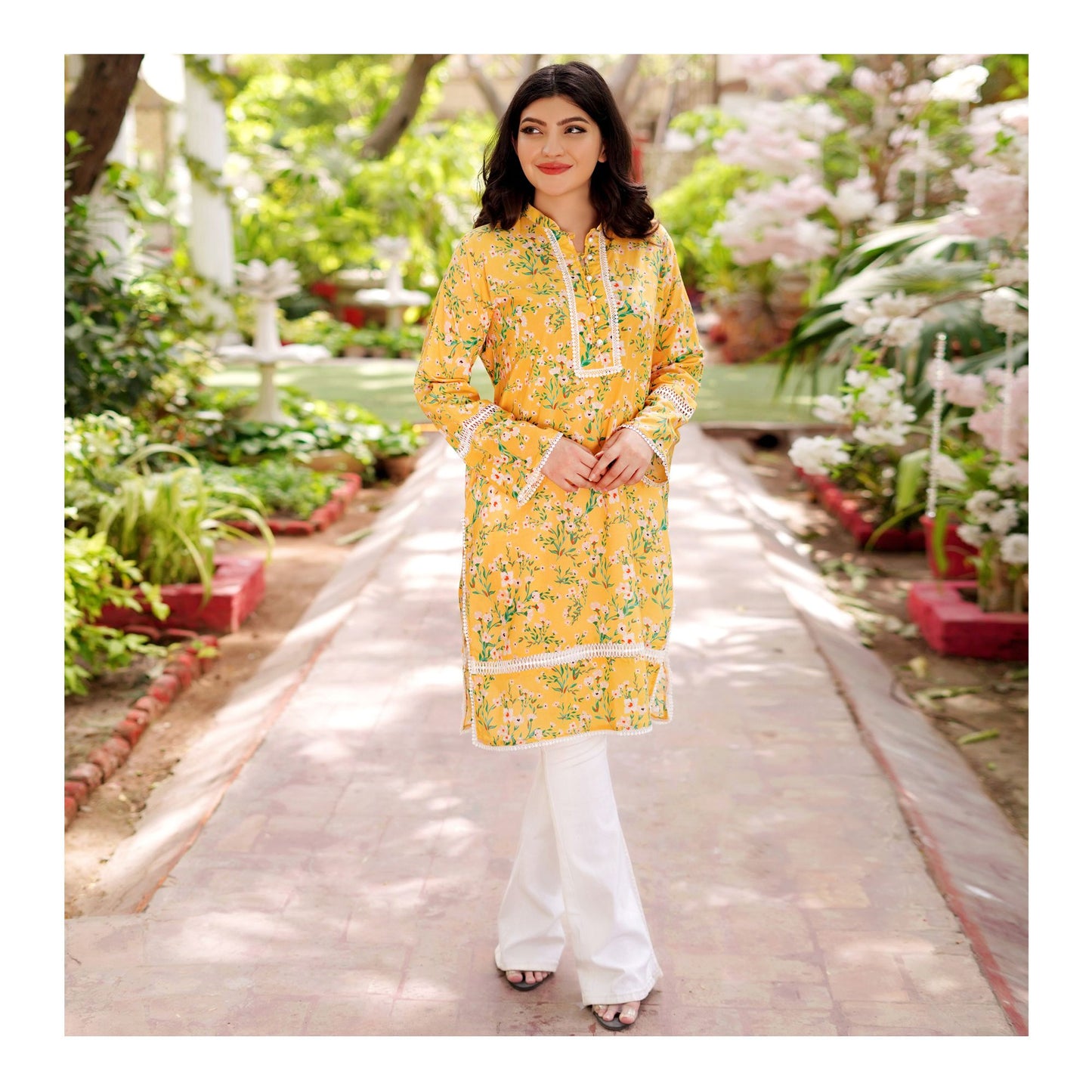 Basix Digital Printed Fancy Lawn Yellow Shirt With Lace, LS-507