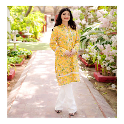 Basix Digital Printed Fancy Lawn Yellow Shirt With Lace, LS-507