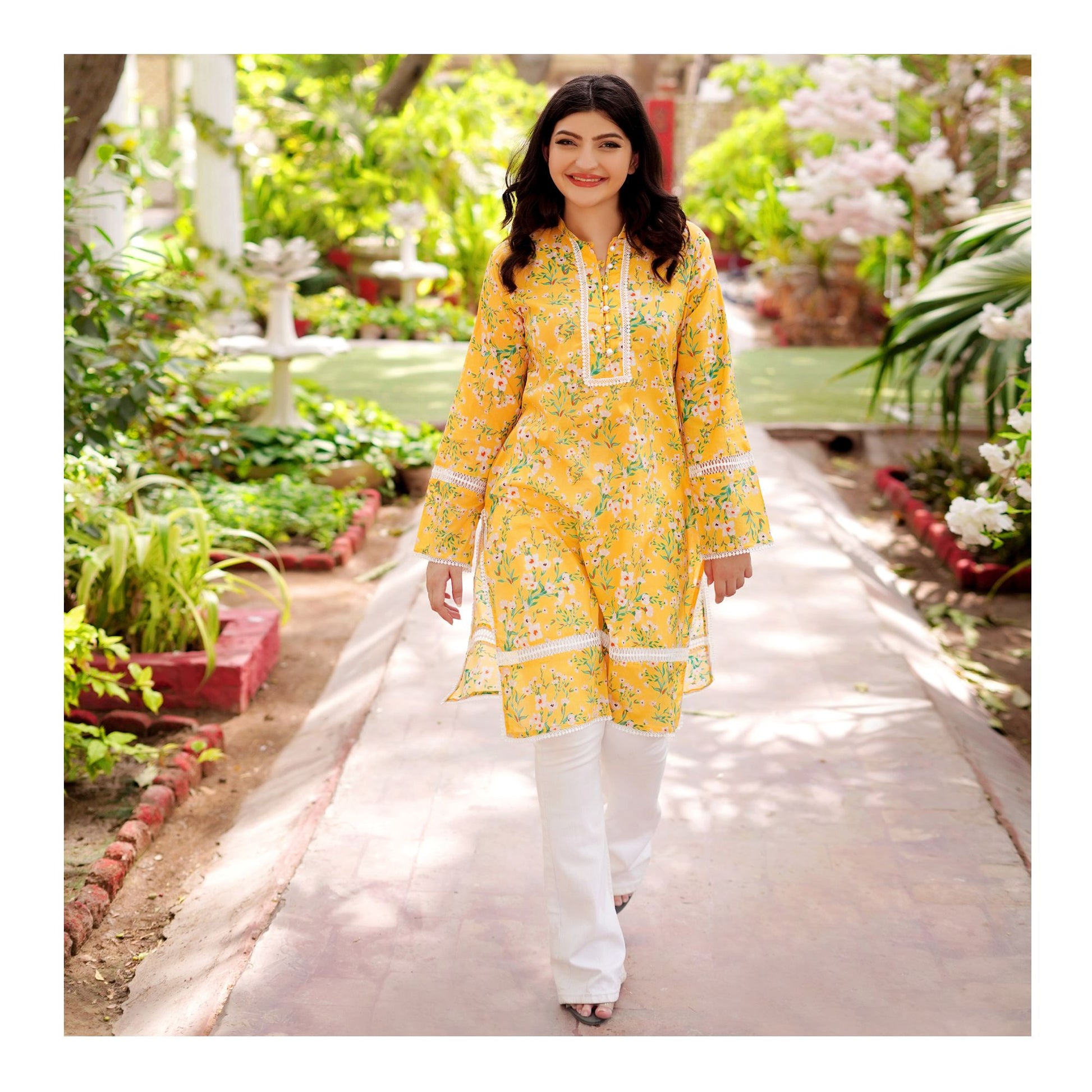 Basix Digital Printed Fancy Lawn Yellow Shirt With Lace, LS-507