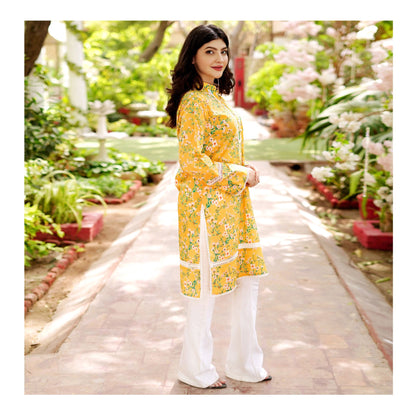 Basix Digital Printed Fancy Lawn Yellow Shirt With Lace, LS-507