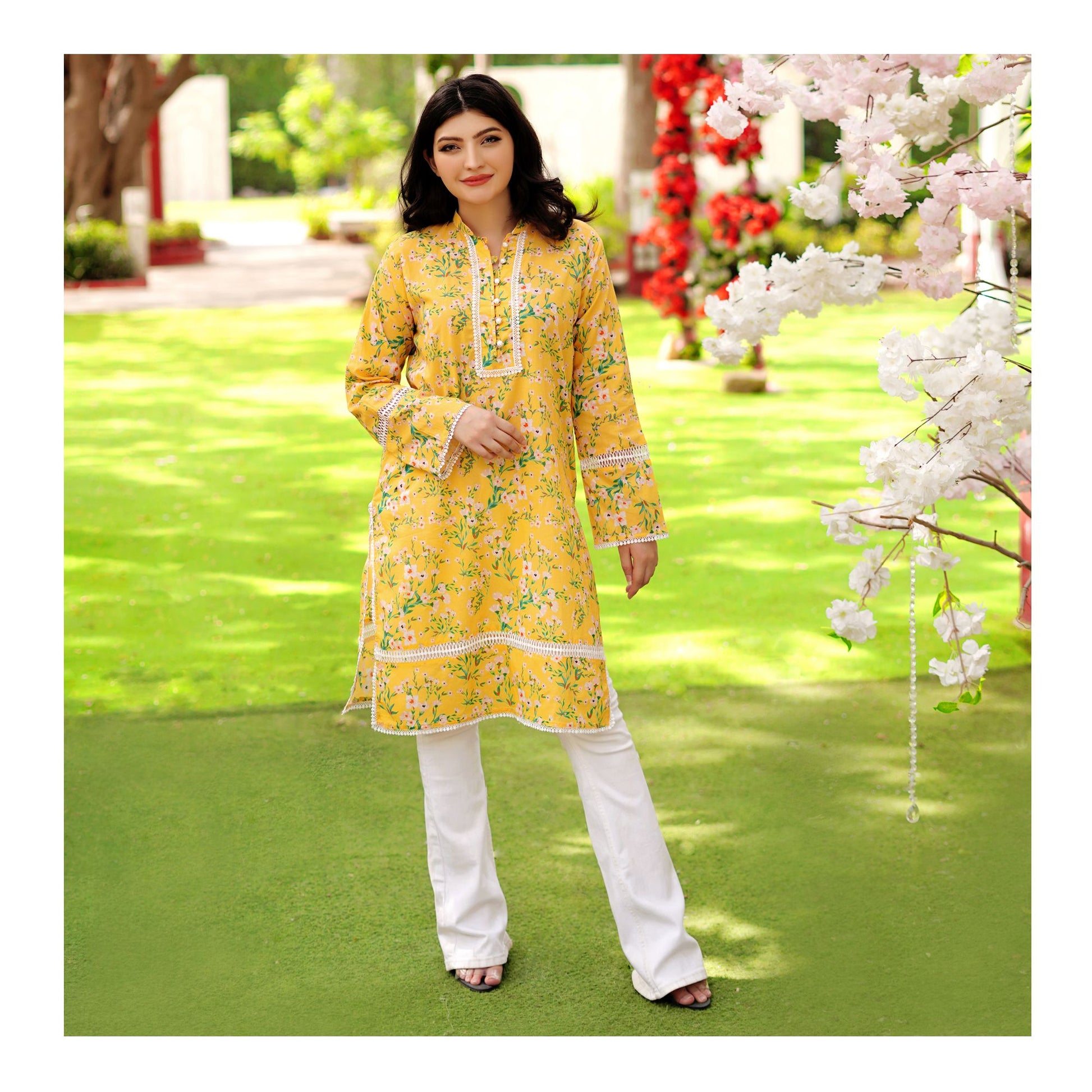Basix Digital Printed Fancy Lawn Yellow Shirt With Lace, LS-507