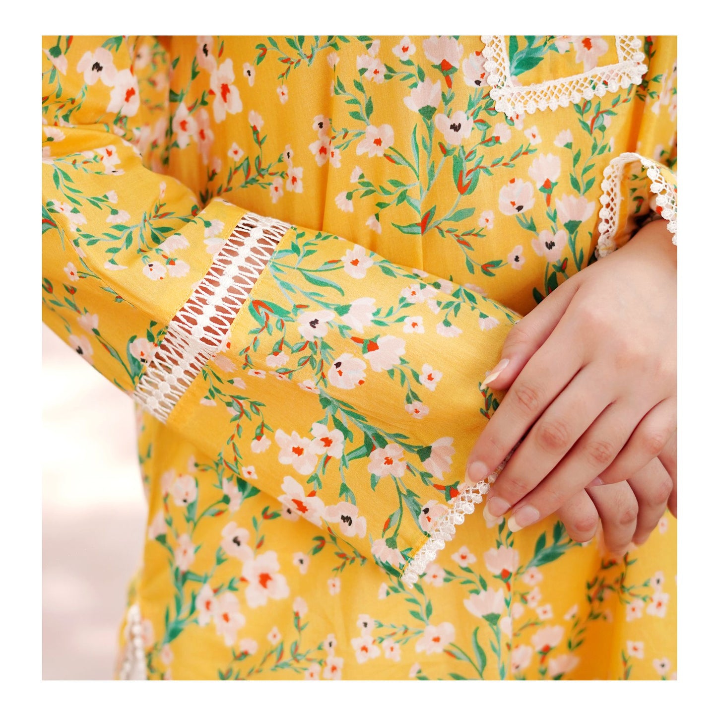 Basix Digital Printed Fancy Lawn Yellow Shirt With Lace, LS-507