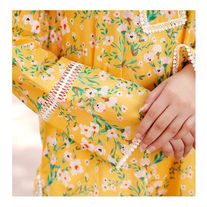Basix Digital Printed Fancy Lawn Yellow Shirt With Lace, LS-507