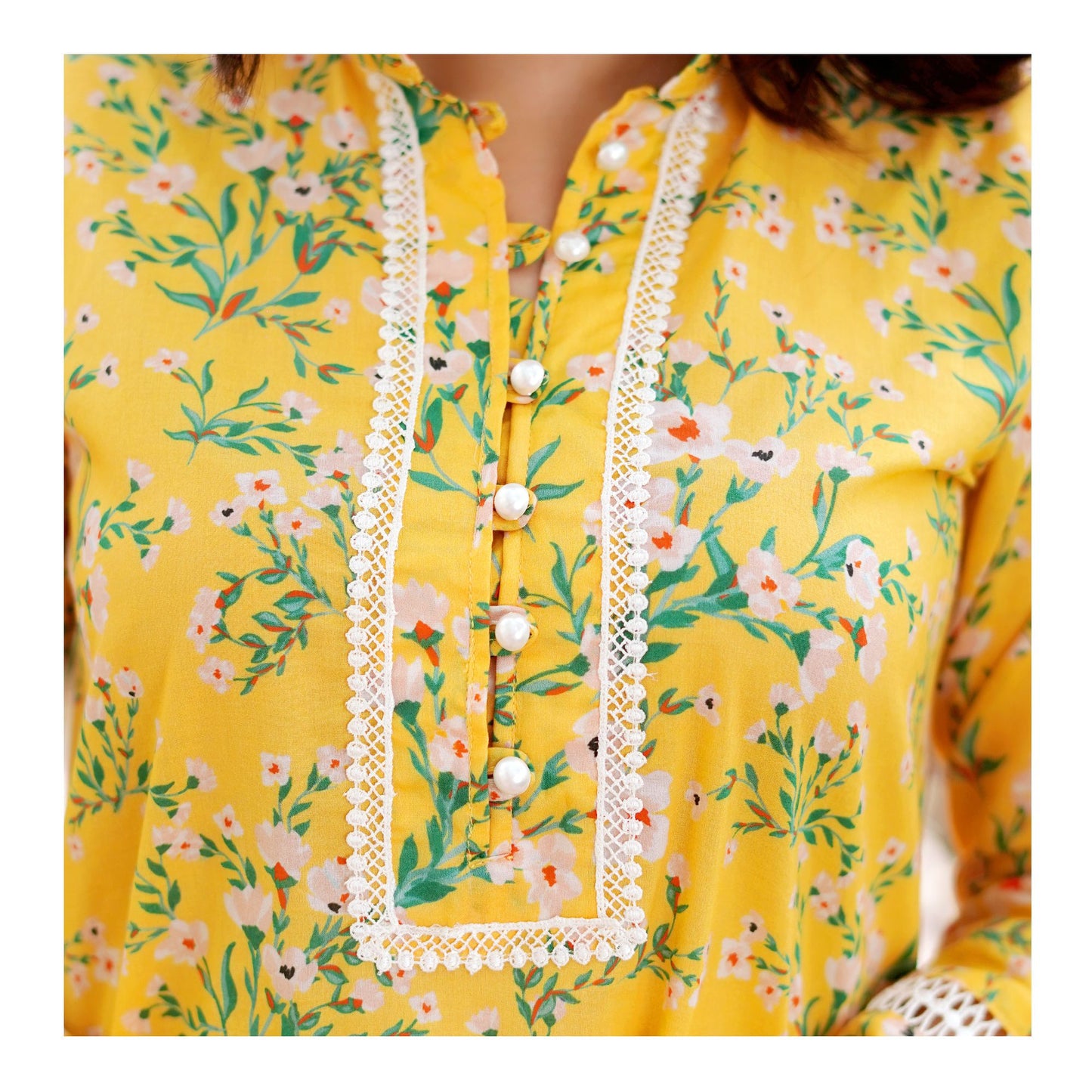 Basix Digital Printed Fancy Lawn Yellow Shirt With Lace, LS-507