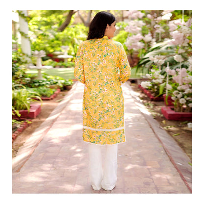 Basix Digital Printed Fancy Lawn Yellow Shirt With Lace, LS-507