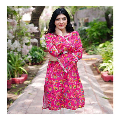 Basix Carnation Pink Cambric Fancy Shirt With White Lace & Tassle, CAS-508