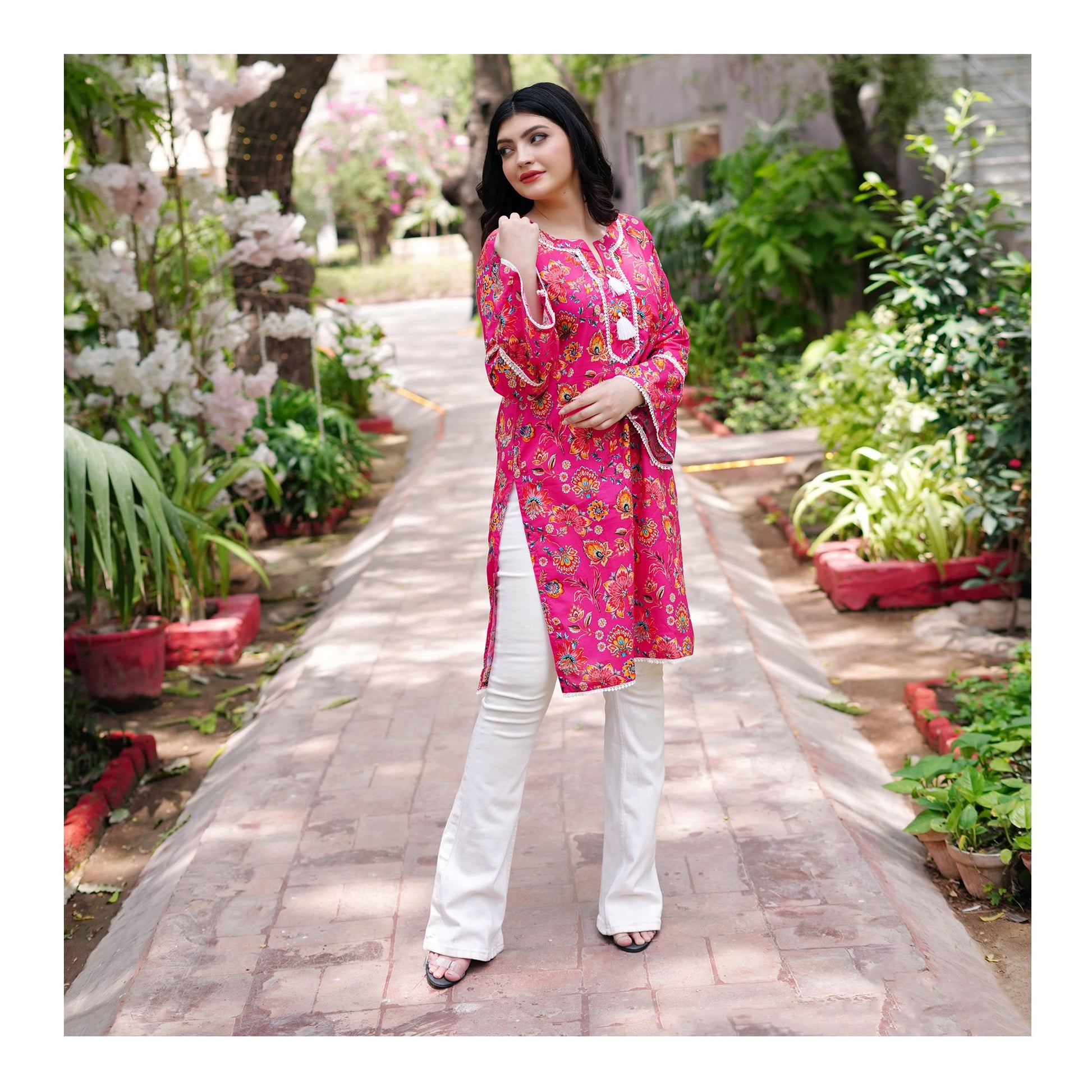 Basix Carnation Pink Cambric Fancy Shirt With White Lace & Tassle, CAS-508