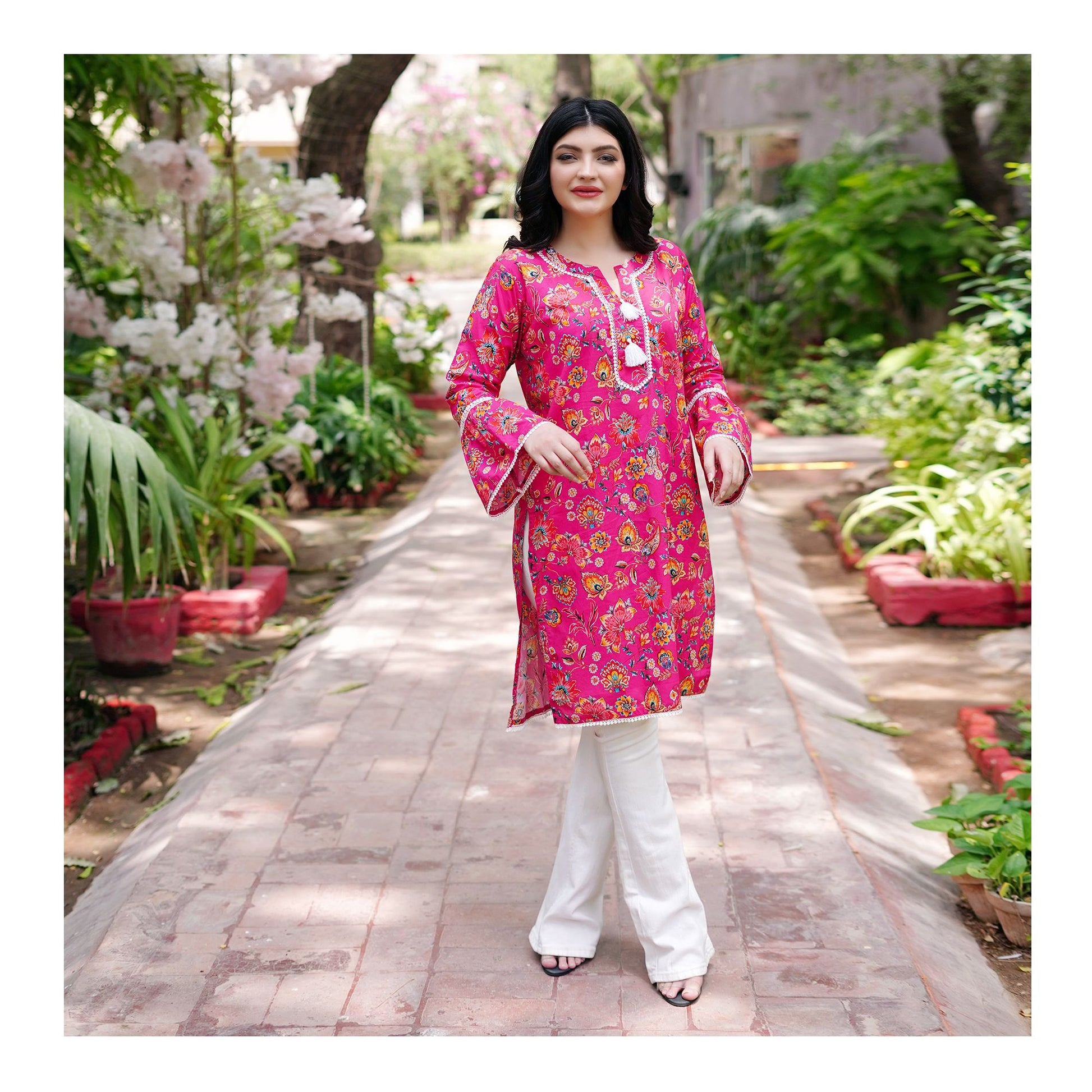 Basix Carnation Pink Cambric Fancy Shirt With White Lace & Tassle, CAS-508