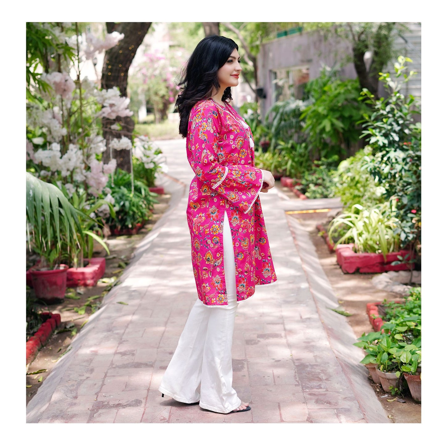 Basix Carnation Pink Cambric Fancy Shirt With White Lace & Tassle, CAS-508