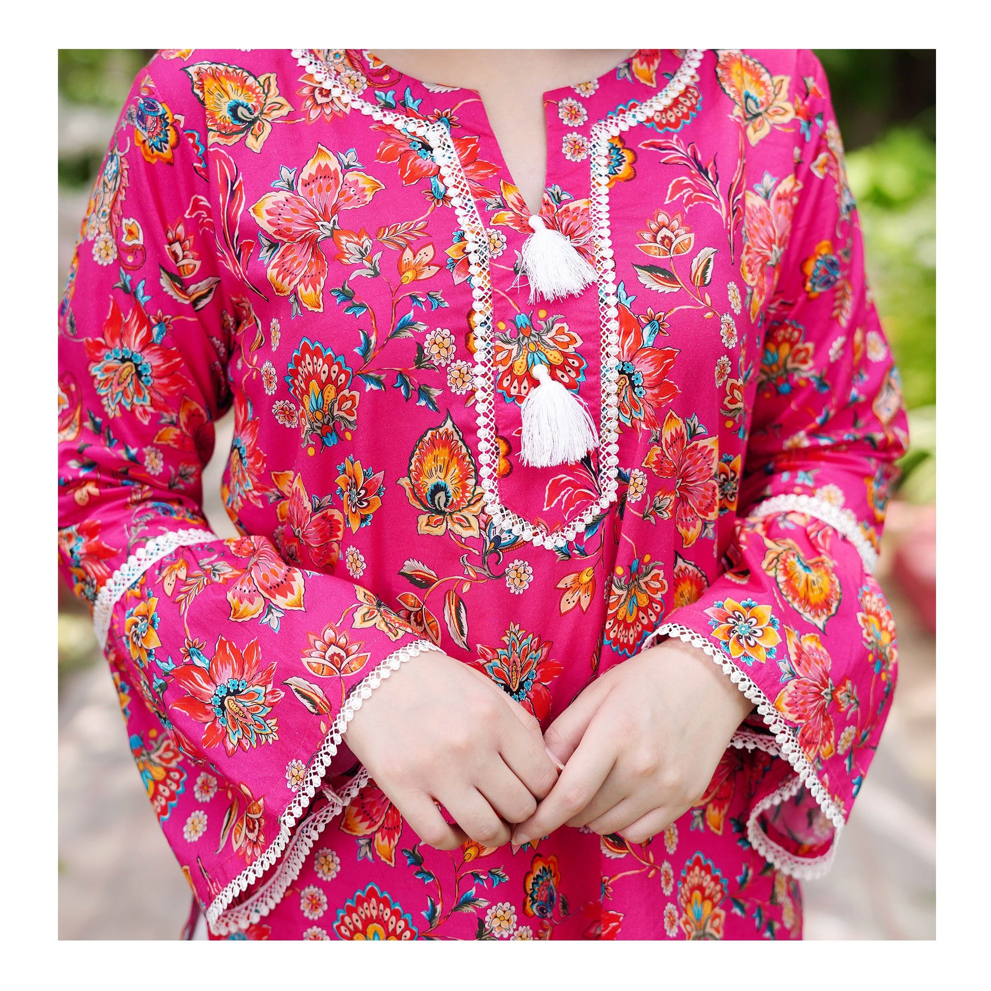 Basix Carnation Pink Cambric Fancy Shirt With White Lace & Tassle, CAS-508