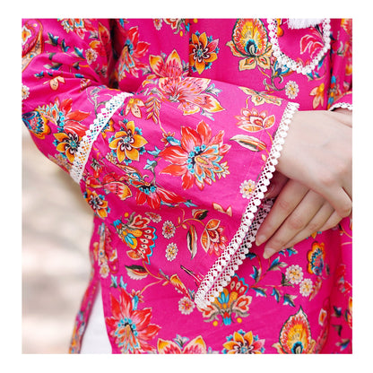 Basix Carnation Pink Cambric Fancy Shirt With White Lace & Tassle, CAS-508