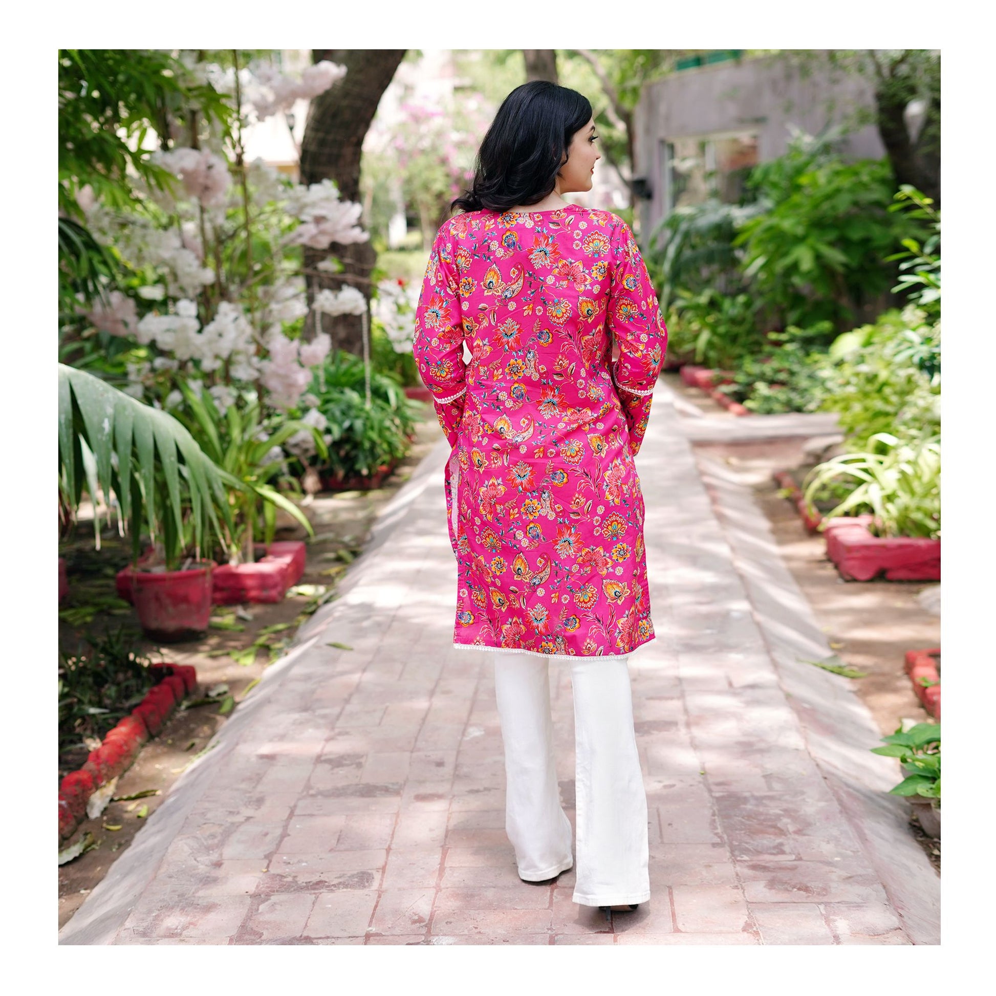 Basix Carnation Pink Cambric Fancy Shirt With White Lace & Tassle, CAS-508