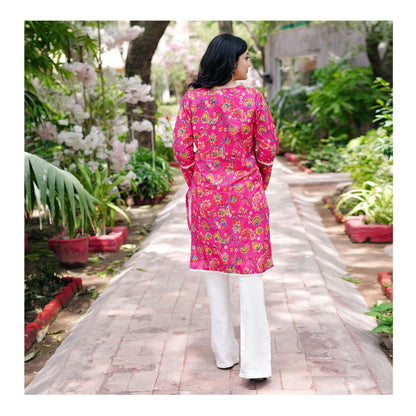 Basix Carnation Pink Cambric Fancy Shirt With White Lace & Tassle, CAS-508