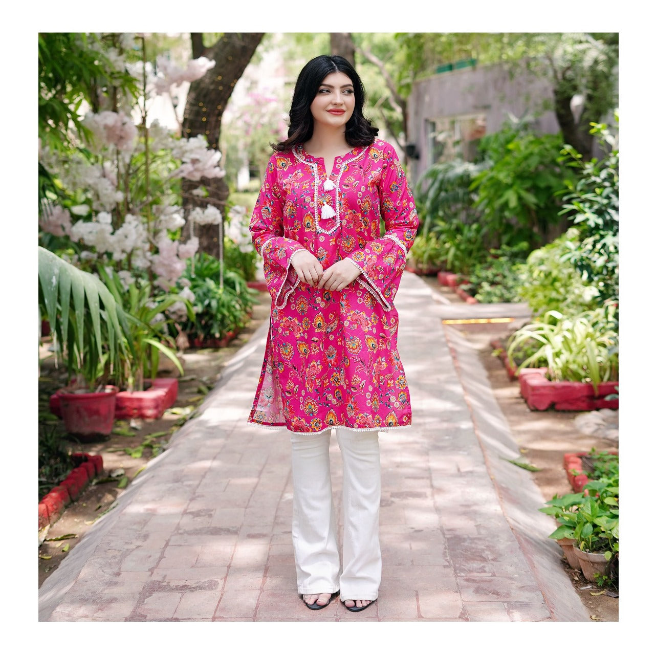 Basix Carnation Pink Cambric Fancy Shirt With White Lace & Tassle, CAS-508