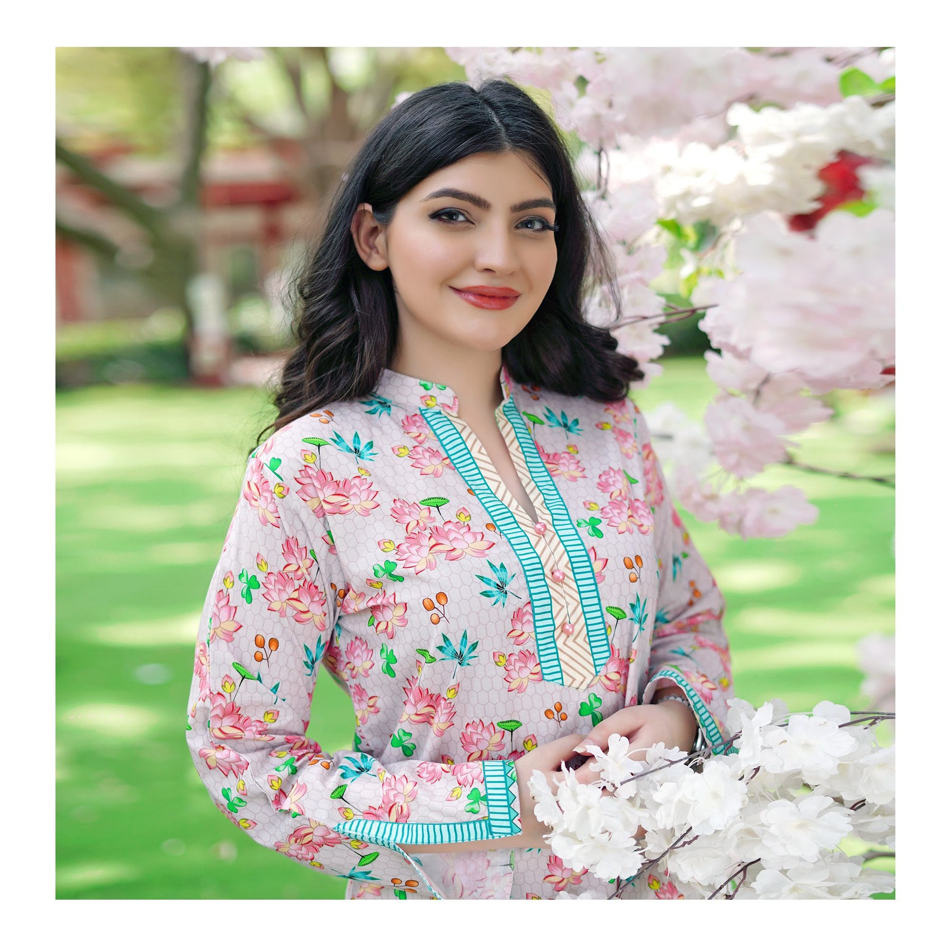 Basix Pink Floral With Green Border Cambric Fancy Shirt, CAS-509
