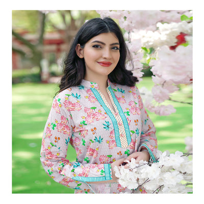 Basix Pink Floral With Green Border Cambric Fancy Shirt, CAS-509