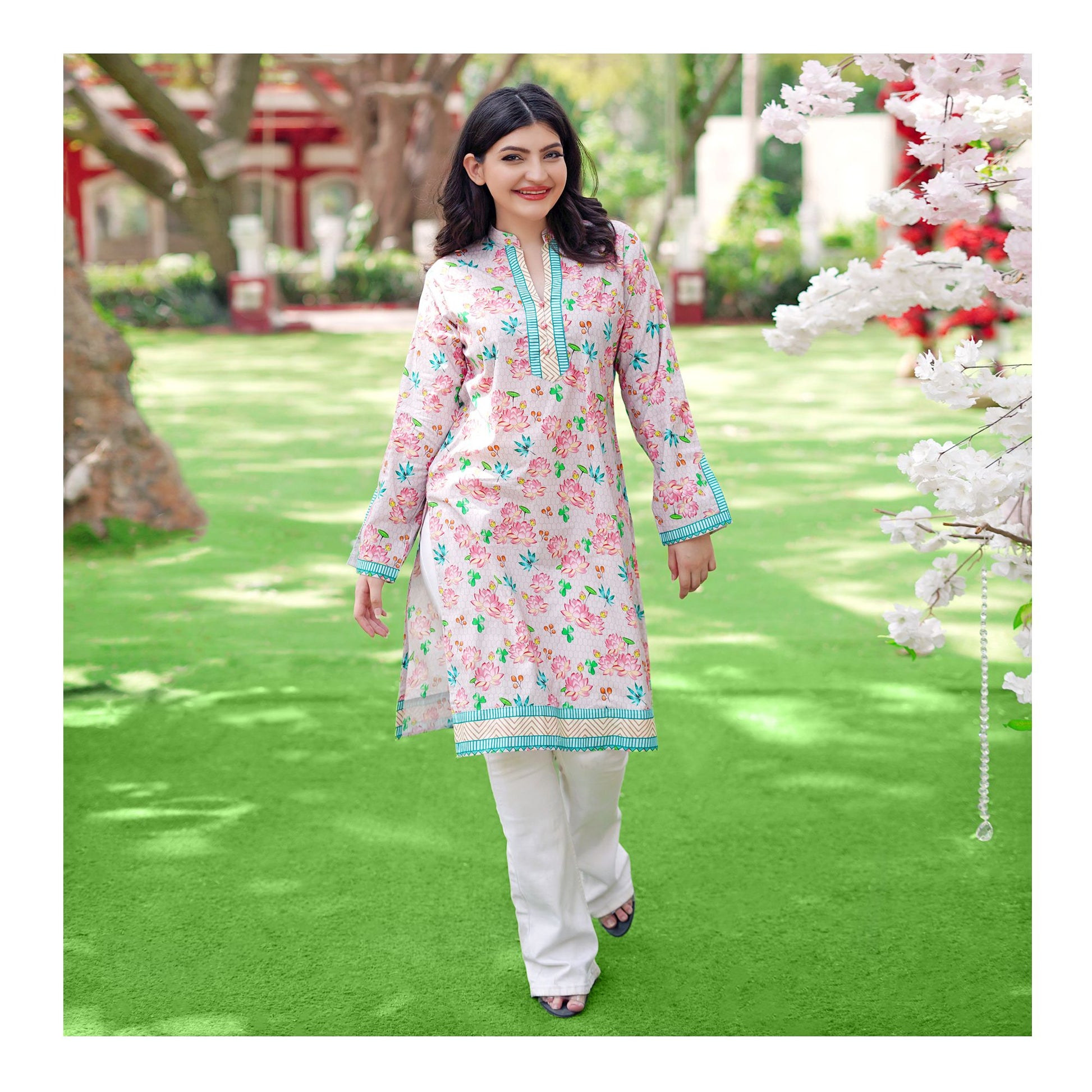 Basix Pink Floral With Green Border Cambric Fancy Shirt, CAS-509